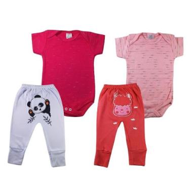 Imagem de Conjuntos Body Bebe Manga Curta liso Mijão Bordado Kit 4 Peças Roupa M