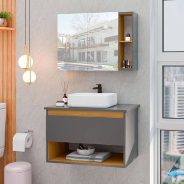 Imagem de Conjunto Para Banheiro Gabinete Suspenso com Cuba e Espelheira Florence Cinza com Nature - Rede Móveis