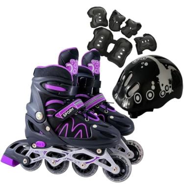 Imagem de Patins Roller Inline 4 Rodas Skates Ajustavél - Patins Inline para Jovens e Adultos - Confortável e Seguro para Iniciantes + Kit Completo com Capacete e Proteções (Roxo/Preto, Roller M (33 ao 36))