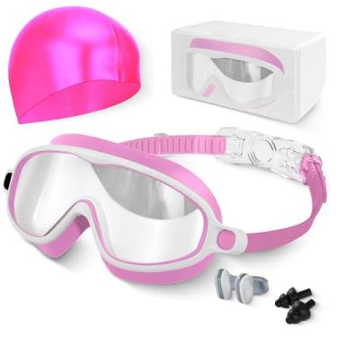 Imagem de Hurdilen Óculos de natação para crianças, anti-embaciamento, proteção UV e visão ampla com touca de natação para crianças de 3 a 15 anos, meninos e meninas (rosa e branco)