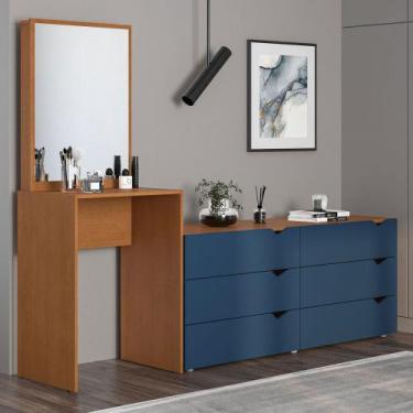 Imagem de Cômoda Porto 6 Gavetas com Espelho Azul/Freijó - Politorno, Azul