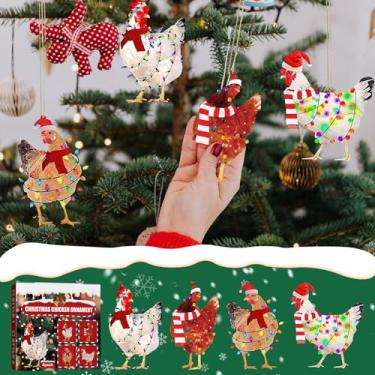 Imagem de Chapéu de Natal de galinha e cachecol estilo fazendas de galinha pingente de árvore de Natal Enfeites engraçados para pendurar no galo da fazenda ornamentos de árvore de Natal (4 peças)