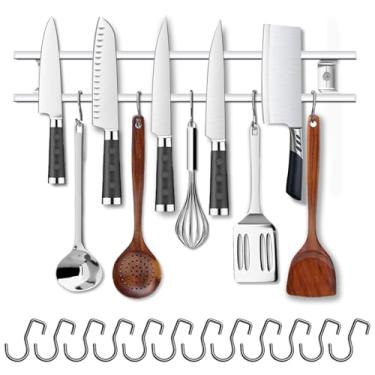 Imagem de Suporte de faca magnético para parede com faca de montagem de 45,5 cm Tira magnética de parede de aço inoxidável 304 com 12 ganchos de faca de bloco de facas - Tira de utensílios de cozinha