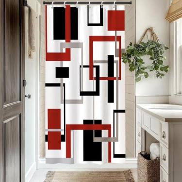 Imagem de Conjunto de cortina de chuveiro geométrica vermelha, preta, cinza, geométrica, quadrada, cortina de chuveiro para banheiro, moderna, abstrata, minimalista, neutra para decoração de banheiro, lavável
