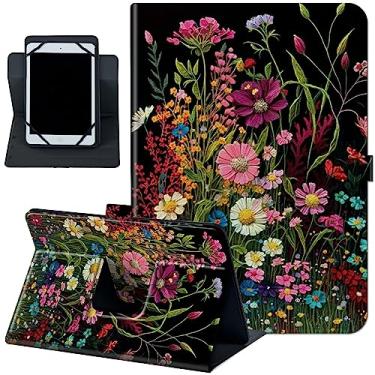 Imagem de Capa para tablet de 6 7 polegadas, capa universal para tablet eReader de 6 a 7 polegadas, suporte para tablet Kindle Series e-Reader de 7 polegadas, capa fólio com suporte giratório de 360 graus para visualização múltipla, flores silvestres