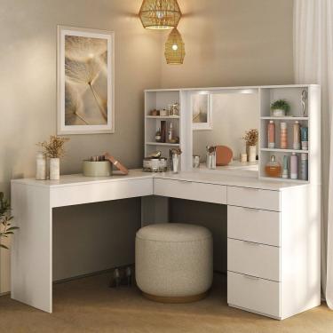Imagem de Penteadeira Escrivaninha em L com Espelho LED 5 Gavetas 6 Nichos Branco