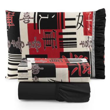 Imagem de Jogo Cama Lençol Fiore Solteiro Estampado 180 Fios 100% Algodão com Babadinho 3 Peças Preto Oriental Japonês