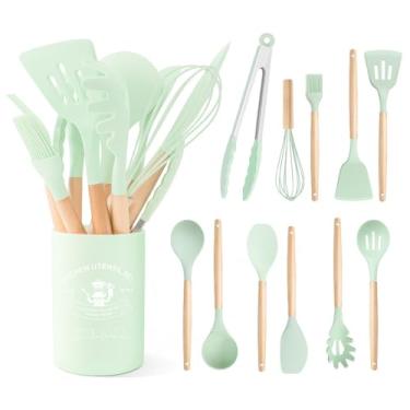 Imagem de Conjunto de utensílios de cozinha de silicone com cabo de madeira para cozinhar panelas antiaderentes de silicone resistente ao calor livre de BPA (verde)