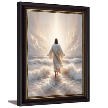 Imagem de Arte de parede em tela de Jesus caminha sobre a água marrom escuro Jesus andando sobre a água vista traseira decoração de parede imagem histórias bíblicas cristãs pôster impressão pintura para sala de