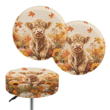 Imagem de Kuiaobaty Conjunto de 4 capas redondas decorativas de outono, capas de banco de barra de folha de bordo de vaca highland com faixas elásticas laváveis para cadeiras de jantar de 33 a 38 cm