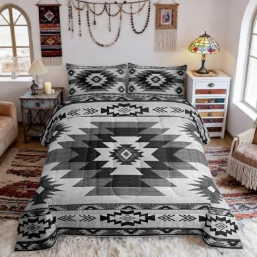 Imagem de Conjunto de cama xadrez tribal cinza, estilo sudoeste, grade étnica, para crianças, adolescentes e adultos, conjunto de edredom vintage com listras geométricas boho com 2 fronhas, tamanho casal, 3
