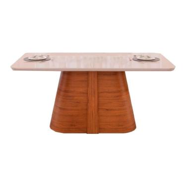 Imagem de Mesa Para Cozinha Ryze Com Tampo Madeirado Vidro Curvo 180x100cm Freijó Off White Dj Móveis