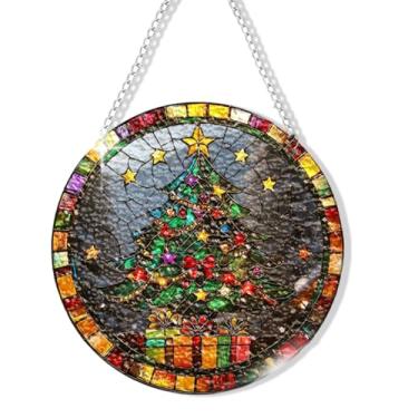 Imagem de Árvore de Natal, janela de vitral para pendurar rústico, árvore de Natal, apanhadores de sol, janela interna, acrílico, redondo, decoração de parede, decoração de Natal, decoração de parede para