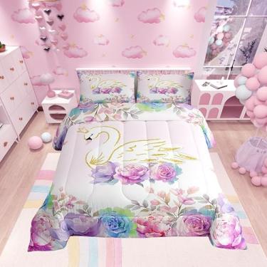 Imagem de Conjunto de edredom solteiro com coroa de cisne sonhador, para todas as estações, rosa e feminino, decoração de quarto de adolescentes, floral de conto de fadas, enchimento interno com 1 fronha