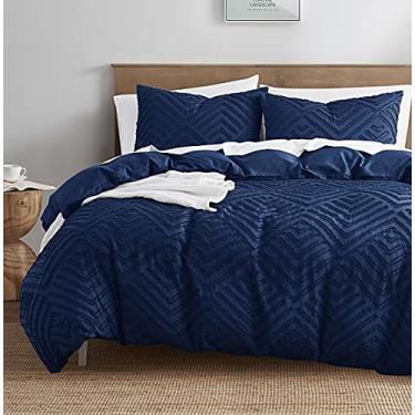 Imagem de Nestl Conjunto de capa de edredom Boho Bedding Twin Tufted com enchimento acolchoado alternativo – estampa de joia azul marinho – Conjunto de 3 peças texturizado inclui capa de edredom com enchimento