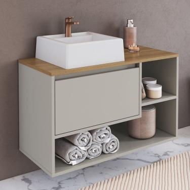 Imagem de Balcão Gabinete de Banheiro Suspenso 80cm 1 Porta e Nichos com Cuba Barcelona Arenas