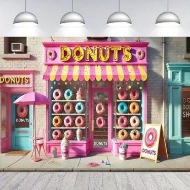Imagem de Donut Shop Pano de fundo retrô cena de rua de tijolos de tijolo rosa bolo sobremesa pano de fundo princesa aniversário crianças meninas chá de bebê tema de panificação decoração de festa adereços de
