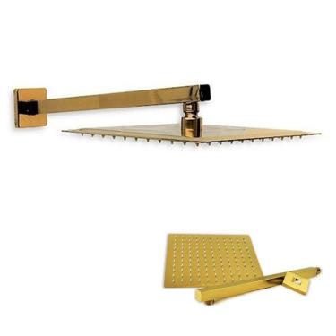 Imagem de Ducha Chuveiro Dourado Slim 20X20 Quadrado Suporte Parede