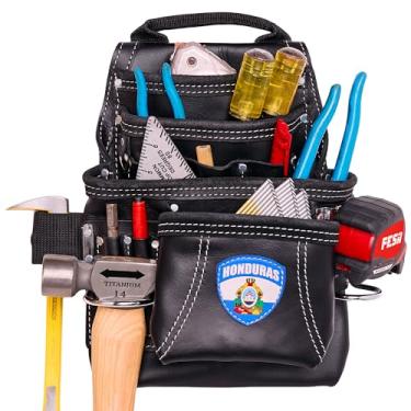 Imagem de FESA Bolsa de ferramentas de couro para carpinteiro - Bolsa de carpinteiro de couro de grão superior pesado com 10 bolsos com 2 laços de martelo, bolsos grandes e pequenos - serve para cintos de