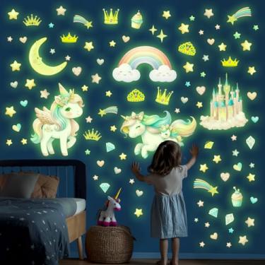 Imagem de DECOWALL GSD4-8089 Adesivos de parede de unicórnio que brilham no escuro crianças estrelas brilhantes castelo lua arco-íris teto luminoso decoração de quarto meninas meninos