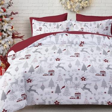 Imagem de Conjunto de capa de edredom de Natal, tamanho Queen, 3 peças de árvore de Natal vermelha com estampa de rena e floco de neve, conjunto de edredom de Natal de microfibra macia com 2 fronhas para