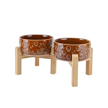 Imagem de SPUNKYJUNKY Tigelas elevadas de cerâmica para cães e gatos, 15 cm, com suporte de bambu antiderrapante para raças médias seguras para micro-ondas - 813 g, bronze crânio