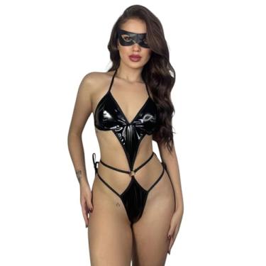 Imagem de Fantasia Body de Couro Dominadora Tiazinha com Máscara Lingerie Sexy Conjunto Sensual