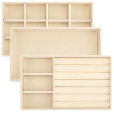 Imagem de SOFPLATE 3 peças, 3 estilos, bandejas de exibição de joias de veludo bege, empilháveis, inserções de gaveta de joias, bandejas organizadoras personalizáveis para anel, suporte de brinco, colar