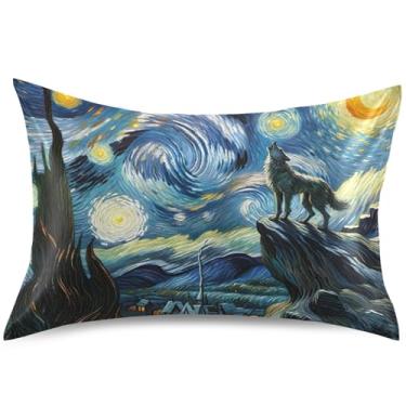 Imagem de Travesseiro de cetim floral noite estrelada lobo para resfriamento de cabelo travesseiro padrão king queen presente decoração de cama, tamanho Queen, 76 cm x 50 cm
