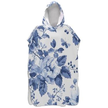 Imagem de Joisal Poncho de surf de secagem rápida trocador roupão adulto praia moletom toalha natação azul e branco floral homens mulheres poncho com capuz