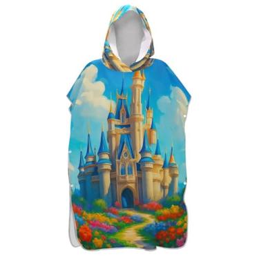 Imagem de Poncho de surfe trocador de roupão para praia Adul moletom toalha floral plus size conto de fadas castelo azul torres homens mulheres poncho com capuz