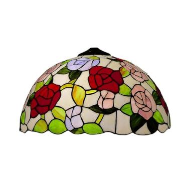 Imagem de Cúpula de reposição para abajur Tiffany, 40 cm (16 polegadas), em vitral com rosas, estilo vintage rosa, azul e vermelho, ideal para luminárias de mesa, de chão, pendentes e de teto.