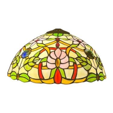Imagem de Cúpula de reposição Tiffany de 40 cm (16 polegadas) com pássaros, flores e vitrais. Cúpula vintage com papagaio e lótus para abajur de mesa, de chão, pendente ou de teto.