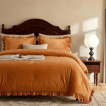 Imagem de MOVE OVER Conjunto de edredom King com babados caramelo, luxuoso e de veludo amassado para o inverno, 3 peças, elegante e quente, dourado, veludo, babados, conjunto de cama para quarto