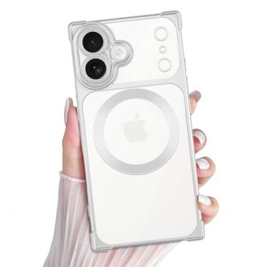 Imagem de PSIOXY Capa retangular para iPhone 16 compatível com Magsafe, proteção total da lente com cantos reforçados, fosco transparente com revestimento de TPU, capa magnética fina para iPhone 16 prata