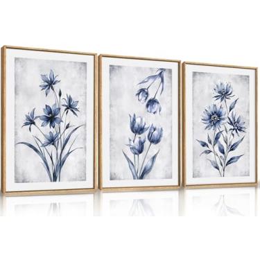 Imagem de LHIUEM Conjunto de arte de parede em tela emoldurada azul marinho e cinza, decoração de parede de plantas botânicas modernas, pintura neutra de flores silvestres, arte floral estética em aquarela para