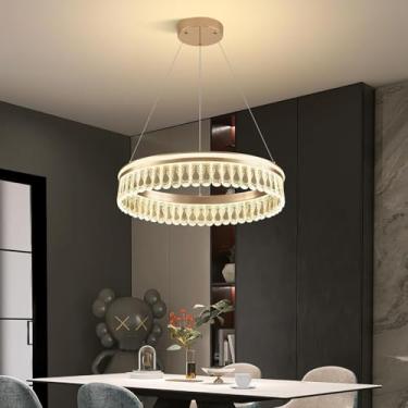 Imagem de Lustre LED moderno de 60 cm, 50 W, dimerizável, com controle remoto, 1 anel, luminária suspensa circular dourada para ilha de cozinha, sala de jantar, quarto e sala de estar.