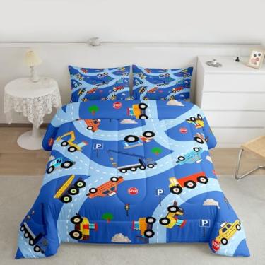 Imagem de Feelyou Conjunto de edredom de construção, caminhões, caminhões, para crianças, meninos, meninas, escavadeira, trator, edredom para decoração de quarto, veículos de construção, amarelo, vermelho, 2