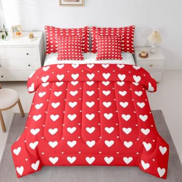 Imagem de Erosebridal Conjunto de cama solteiro casal vermelho amor - cama estampada de corações fofos em uma bolsa, conjunto de edredom romântico de coração de amor com lençóis, conjunto de cama romântico de 7