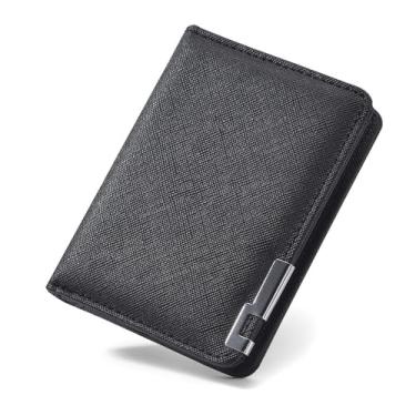 Imagem de Carteira masculina curta, dobrável de couro de grão cruzado com borda de ferro e vários compartimentos para cartão, porta-cartão fino premium, Preto, Tendência