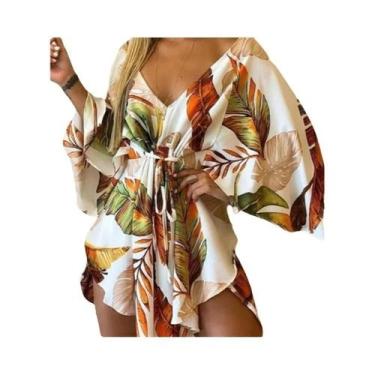 Imagem de Vestido Boêmio Feminino Estampado - Decote V, Manga Morcego e Babado -