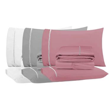 Imagem de Kit 3 Jogos de Lençol Casal/King 4 Peças 400 Fios Ponto Palito Toque Macio Premium Casa Dona