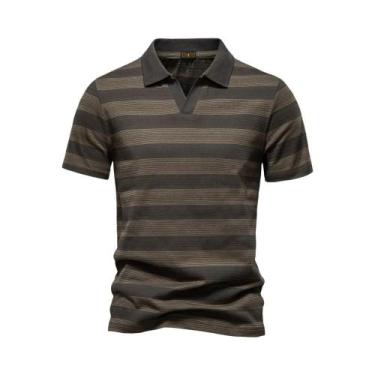 Imagem de Camisas Polo Masculinas De Verão Com Listras E Decote Em V, Algodão Re
