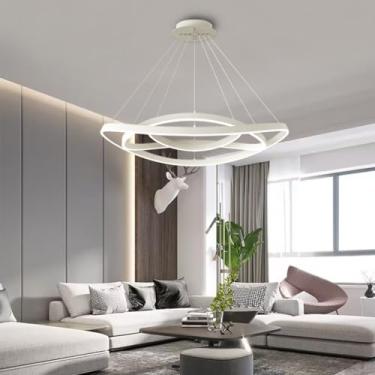 Imagem de Luminária pendente LED grande para sala de estar, lustre ajustável em altura, luminária de mesa de jantar de 130 W regulável com controle remoto, anéis de alumínio modernos, luminária penden