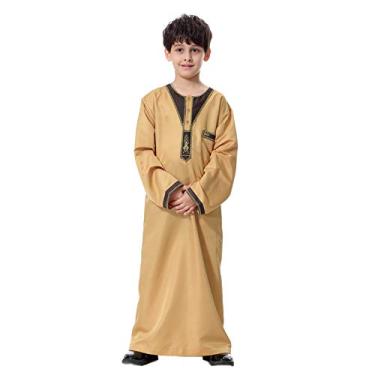 Imagem de Blusa térmica masculina de manga comprida Thobe Pure Dresses Topcoats Muçulmano Middle Blouse Boys Camiseta de manga comprida grande, Amarelo, 12-13 Anos