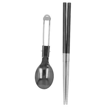 Imagem de Colher Dobrável, Colher de Acampamento e Pauzinho Conjunto 304 Aço Inoxidável Portátil Reutilizável à Prova de Ferrugem Higiênico para Viagens