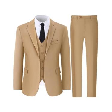 Imagem de Fashonal Conjunto masculino de 3 peças de ajuste clássico, conjunto de calça colete de jaqueta lisa com um botão e gravata, Caqui, X-Large