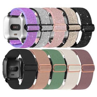 Imagem de ShuYo Pacote com 10 pulseiras ajustáveis de nylon elástico compatível com Fitbit Versa/Versa 2/Versa Lite/Versa SE para mulheres e homens, pulseira de substituição de tecido respirável macio para Fitbit Versa (rosa + preto + roxo + ouro + prata + preto + areia rosa + roxo fumê + luz das estrelas + v