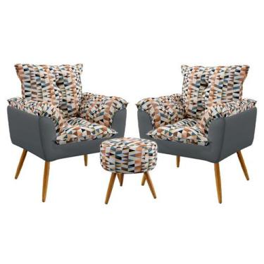Imagem de Kit 2 Poltronas Beta com Puff Solar Suede Estampado Laranja com Cinza 