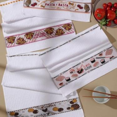 Imagem de Kit 4 Panos de Prato Atoalhado Para Cozinha Gourmet 340g/m2 Estampas: Italy, Pizza, Japan e Coffee 45x65cm